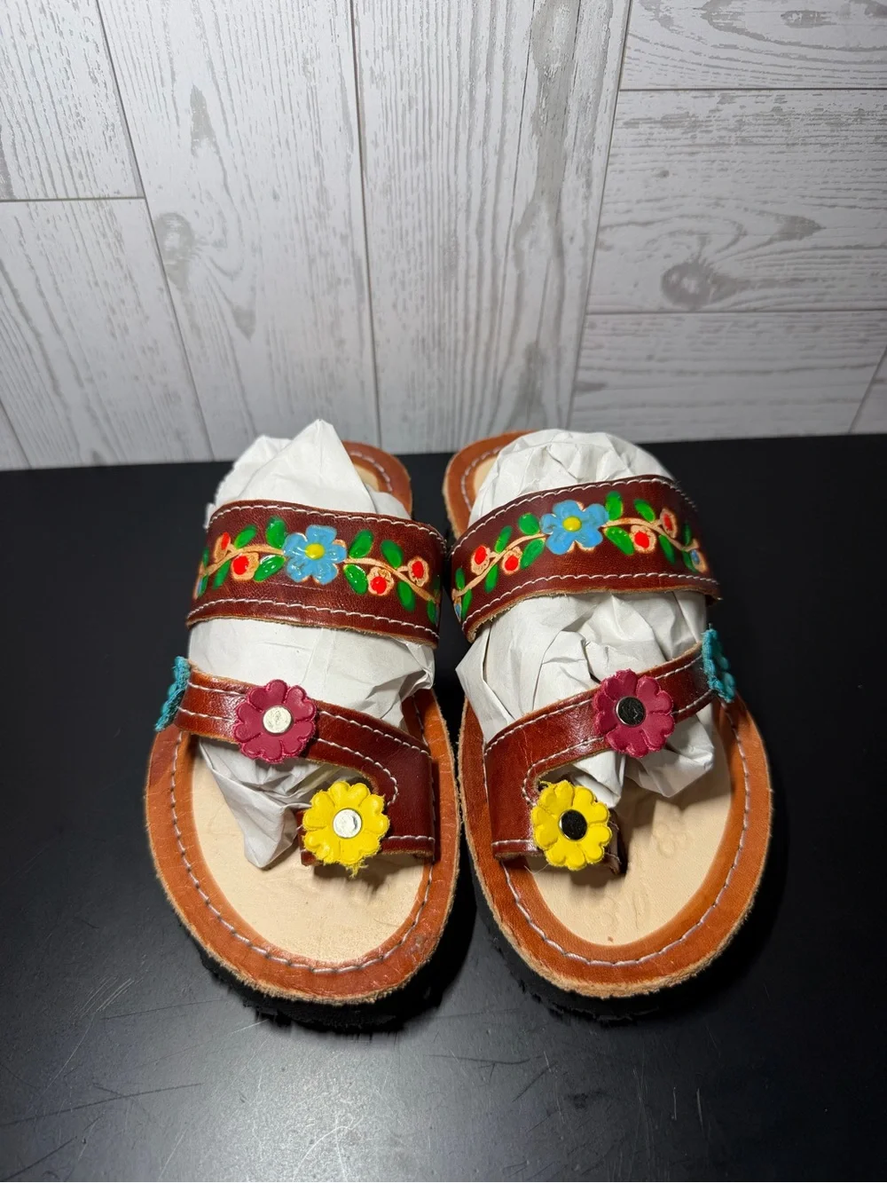 Kids Brown Leather Floral Sandals Size 8 Hand Painted Boho Slip On